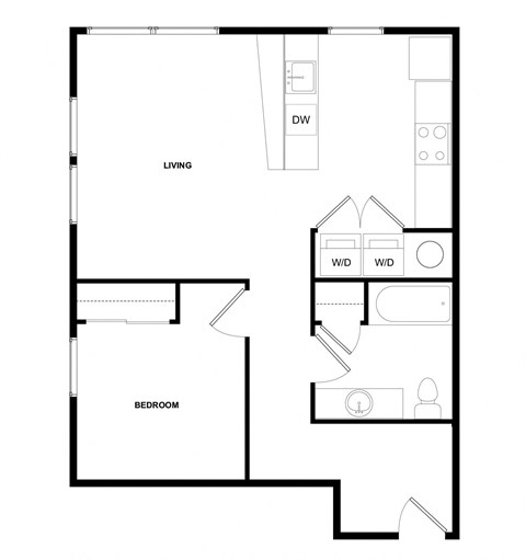 Floor plan for 1 bed, 1 bath, 650 sqft